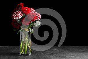 Beautiful dahlia flowers in vase on table against black background. Space for text