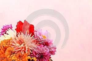 Beautiful dahlia and marigold flowers on a pink background, abstract floral arrangement, spring or autumn background with space