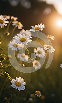 Beautiful daisies on a meadow in the rays of the setting sun