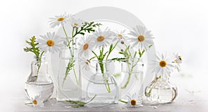 Beautiful daisy flowers in glass vases on light background. Floral composition in home interior