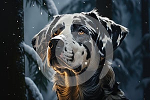 Beautiful Dalmatian dog in a snowy forest. Generative AI