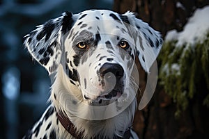 Beautiful Dalmatian dog in a snowy forest. Generative AI