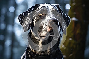 Beautiful Dalmatian dog in a snowy forest. Generative AI