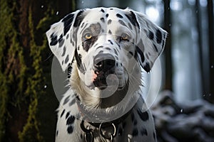 Beautiful Dalmatian dog in a snowy forest. Generative AI