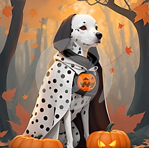 Beautiful Dalmatian sitting next to some pumpkins. Dog in a witch costume, pumpkin in paw. Postcard for pet lovers. Pet character