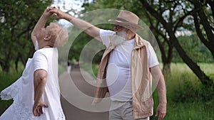 Beautiful dance of an elderly couple on a park path while walking through a city park on a summer day. A stylish, gray