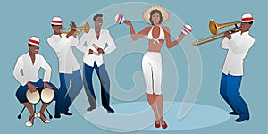 Beautiful dancer playing maracas and four latin musicians photo