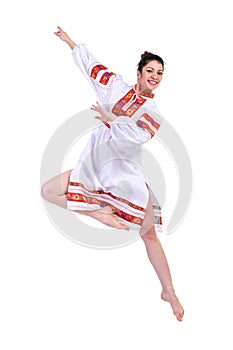 Beautiful dancing girl in ukrainian polish national traditional costume clothes happy smile, full length portrait isolated