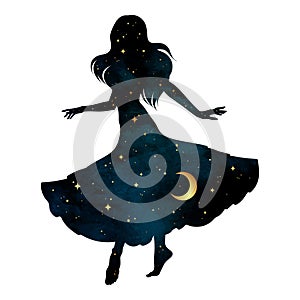 Beautiful dancing gypsy silhouette with crescent moon and stars isolated. Boho chic tattoo, sticker or print design vector photo