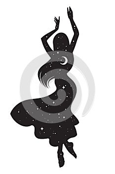 Beautiful dancing gypsy silhouette with crescent moon and stars in profile isolated. Boho chic tattoo, sticker or print design photo