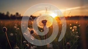 Beautiful Dandelion Field With Flying Seeds At Sunset, generative ai