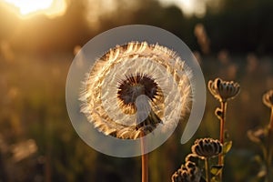 Beautiful dandelion flower in the field at sunset. Nature background Generative AI