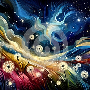 Beautiful dandelion flowers flows by the wind, the tiny petals falling into air, starry sky, abstract style of Wassily Kandinsky photo