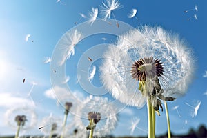 Beautiful Dandelion With Seeds Blowing Away Blue Sky on background, AI