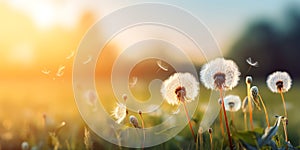 Beautiful dandelions on a meadow at sunset. Nature background