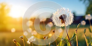 Beautiful dandelions on a meadow at sunset. Nature background