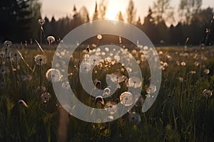 Beautiful dandelions in the meadow at sunset. Toned.