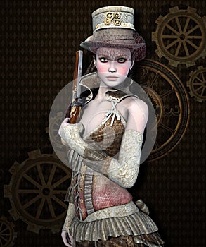 Beautiful and dangerous steampunk girl with a gun