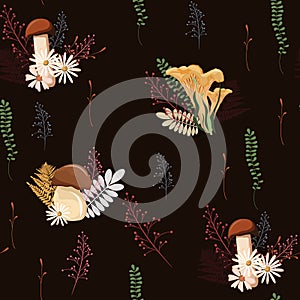 Beautiful dark Autumn seamless pattern vector with mushrooms, berries, fern, herbs and leaves.