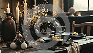 Beautiful dark colors table decoration with lace tablecloth and napkins, fresh spring flowers, silver Cutlery, wine glasses