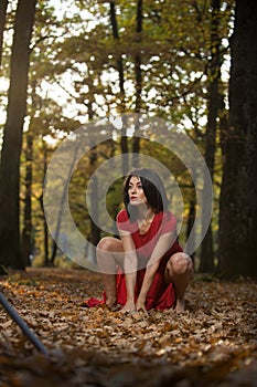 Beautiful dark haired woman wearing a long red dress posing in the woods on a sunny autumn afternoon.