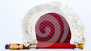 Beautiful Dark Red And Black Mix Colorful White Frilly Hand Fan.