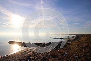 Beautiful day at the cold beach in February