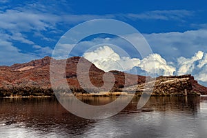 Beautiful day at the Colorado river with bright clouds, Lees Ferry landing, Page, AZ, USA