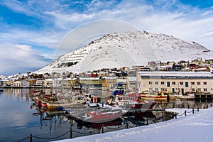 Beautiful day in the port of Honningsvag, Norway