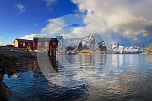 Beautiful day and sunset time in winter season, Hamnoy fishing village. The famous tourist attraction Reine Village, Lofoten.