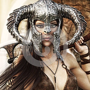 Beautiful and deadly fantasy warrior female wearing a traditional barbarian style costume.