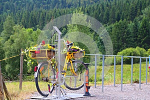 Beautiful decorated bicycle indicating bike repair point in the mountains, Schluchsee, Germany