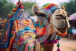 Beautiful decorated camel smiling. Generative AI