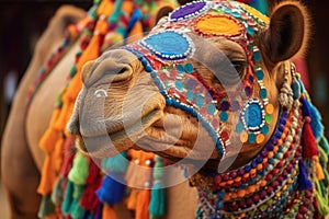 Beautiful decorated camel smiling. Generative AI