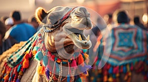 Beautiful decorated camel smiling. Generative AI