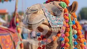 Beautiful decorated camel smiling. Generative AI