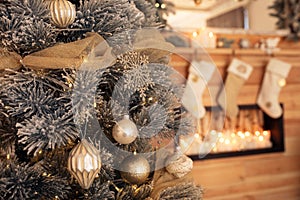 Beautiful decorated Christmas tree. Festive interior