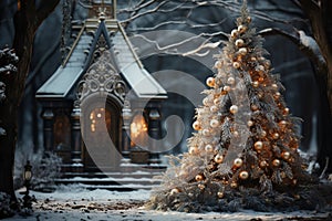 a beautiful decorated Christmas tree stands in the courtyard of a large fairy-tale house in the evening