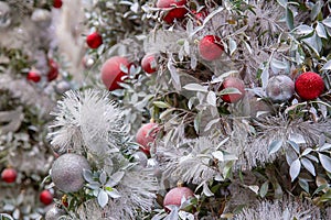 Beautiful decorated fireplace and Christmas tree at cottage.Christmas tree ornaments