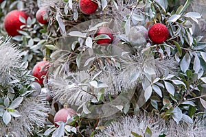 Beautiful decorated fireplace and Christmas tree at cottage.Christmas tree ornaments