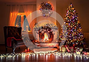 Beautiful decorated living room with a christmas tree and a fire place