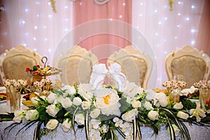 Beautiful decorated wedding restaurant for marriage. Colorful decoration for celebration. Beauty bridal interior