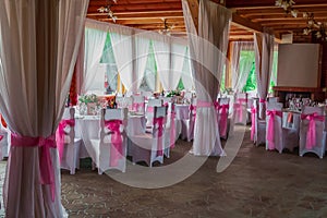 Beautiful decorated wedding restaurant for marriage. Colorful decoration for celebration. Beauty bridal interior