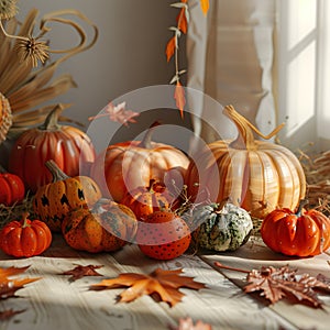 A beautiful decoration with various pumpkins generated by artificial intelligence