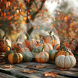 A beautiful decoration with various pumpkins generated by artificial intelligence