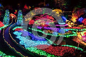 Beautiful decorations with colorful lights on Christmas day in the Butchart Gardens