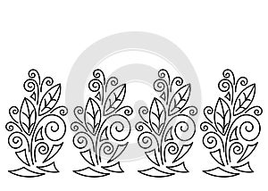 Beautiful decorative border with element of leaves, curls and triangles. Hand-drawn stylized bouquet