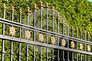 Beautiful decorative cast metal wrought fence with artistic forging. Iron guardrail close up.