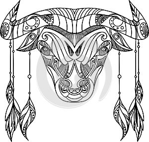 Beautiful decorative coloring bull with different ornaments.