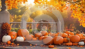 Beautiful decorative composition of pumpkins, vegetables, flowers against the backdrop of a garden . ai